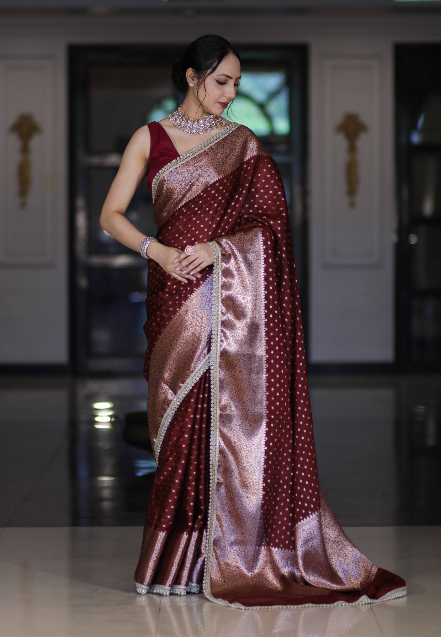 Wine Warm Semi Katan Silk Woven Dot Booti Saree with Pearl Lace Border