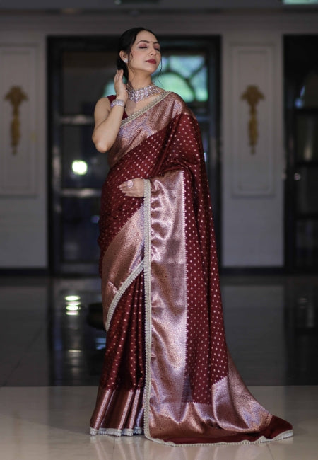 Wine Warm Silk Woven Dot Booti Saree with Pearl Lace Border