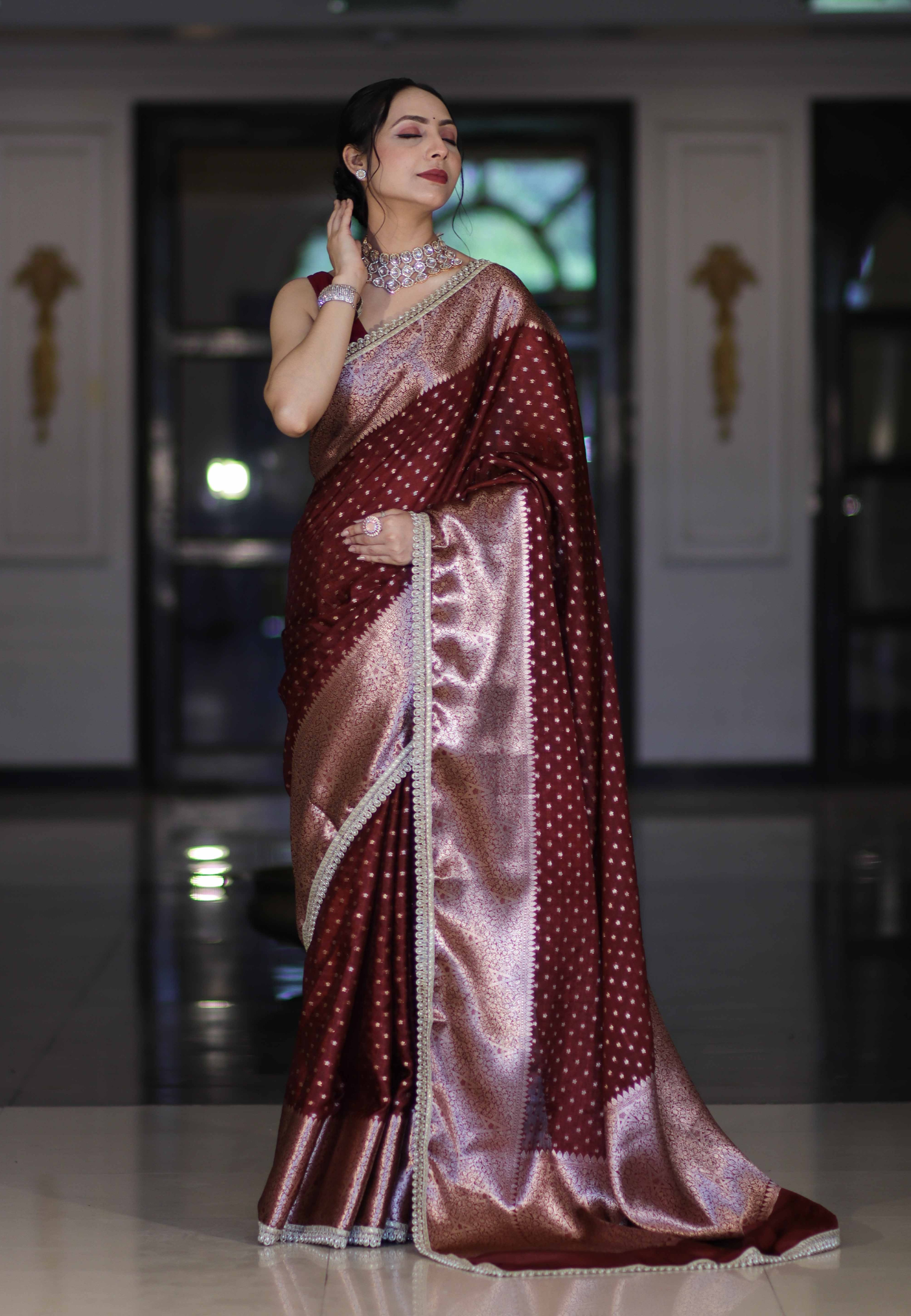 Wine Warm Semi Katan Silk Woven Dot Booti Saree with Pearl Lace Border