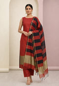 Unstitched Maheshwari Cotton Silk Suit with Stripe Dupatta – Brick Red & Black Elegance