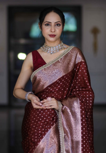 Wine Warm Silk Woven Dot Booti Saree with Pearl Lace Border