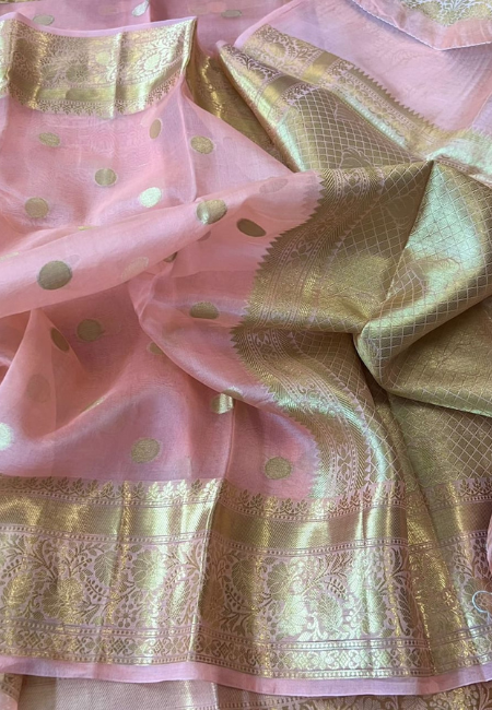 Peach Pink Banarasi Soft Organza Silk Woven Dyeable Saree with Zari Border