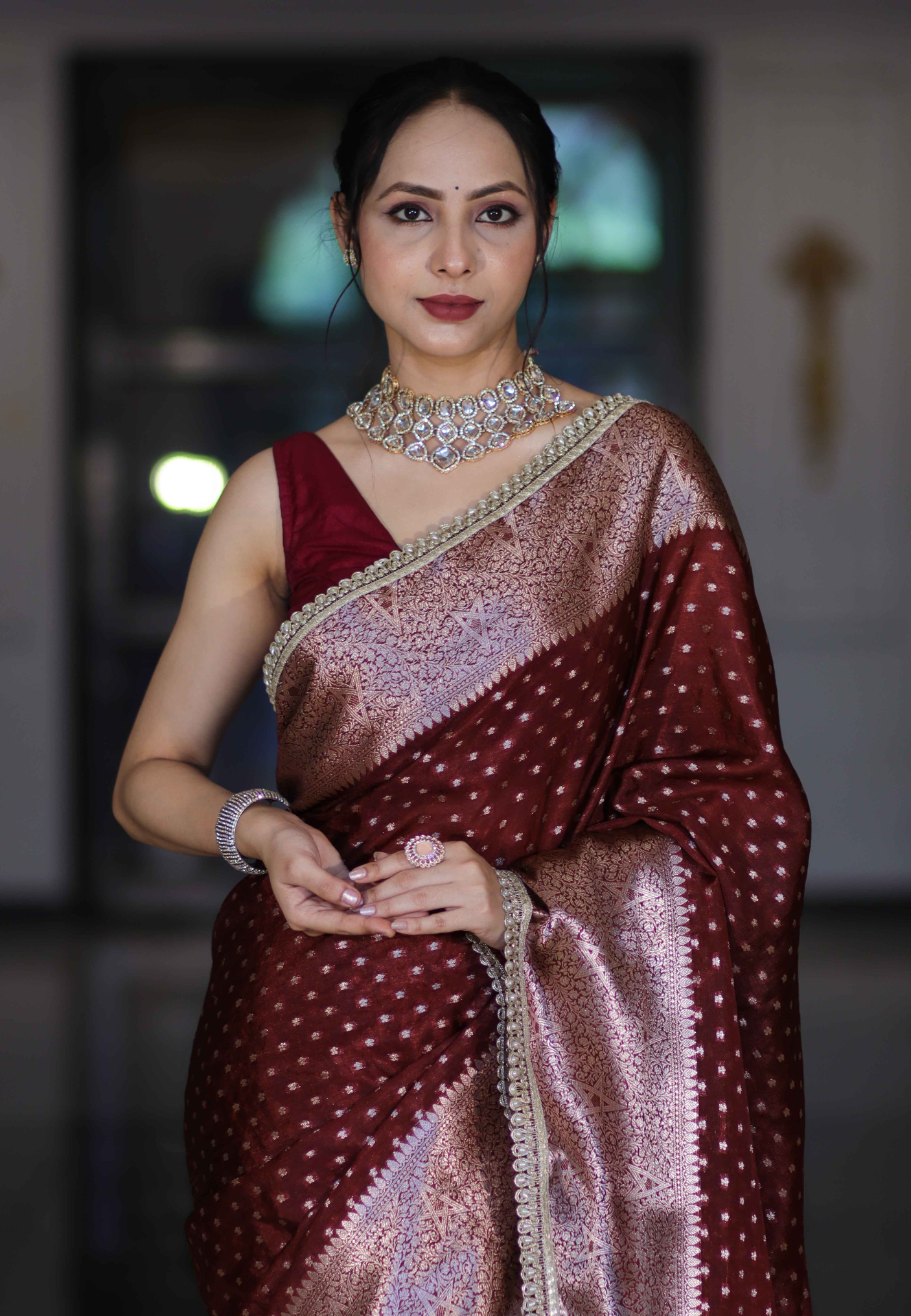 Wine Warm Semi Katan Silk Woven Dot Booti Saree with Pearl Lace Border