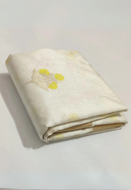 Off-White Chanderi Pattu Silk Saree with Yellow Self-Design and Metallic Zari Border