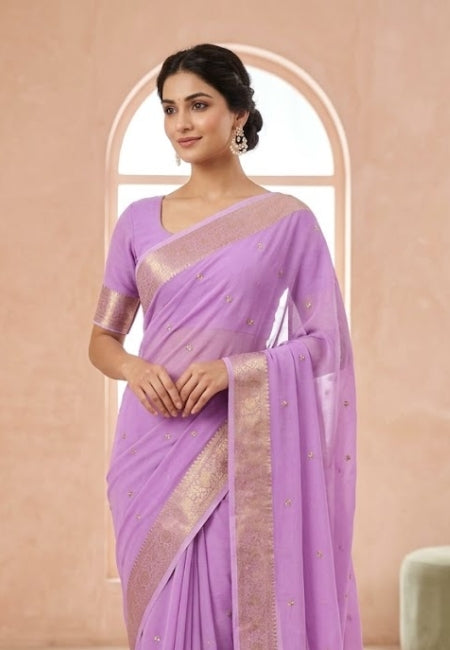 Lavender Chiffon Party Wear Saree with Gold Jacquard Border & Delicate Bead Work
