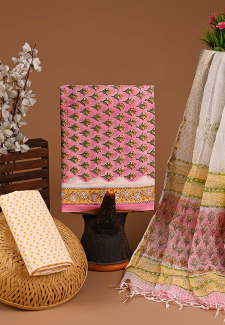 Unstitched Cotton Suits With Kota Doria Dupatta  Blush Pink