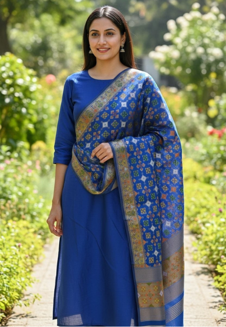 Unstitched Banarasi Soft Katan Silk Plain Suit in Royal Blue with Heavy Jaal Weaving Dupatta