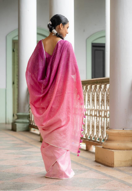 Dual-Tone Pink Pure Linen Saree with White Stripes