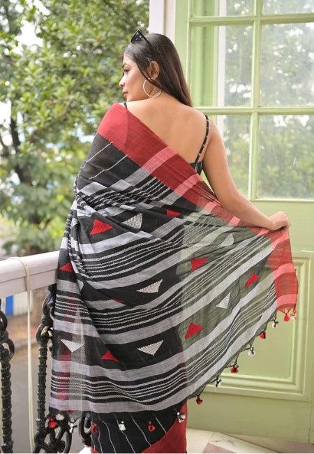 Black Mul Cotton Saree with Tassel Work & Running Blouse Piece