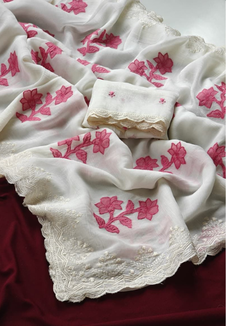 White Silk Saree with Pink Flower Design