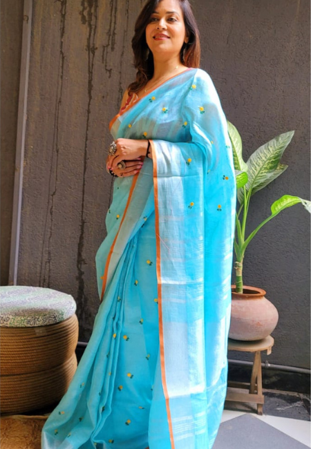 Aqua Blue Pure Linen Saree with Yellow Floral Buttas & Rust Orange Border
