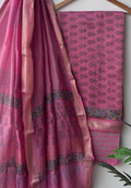 Unstitched Maheshwari Silk Hand Block Printed Suit in Rosewood Pink