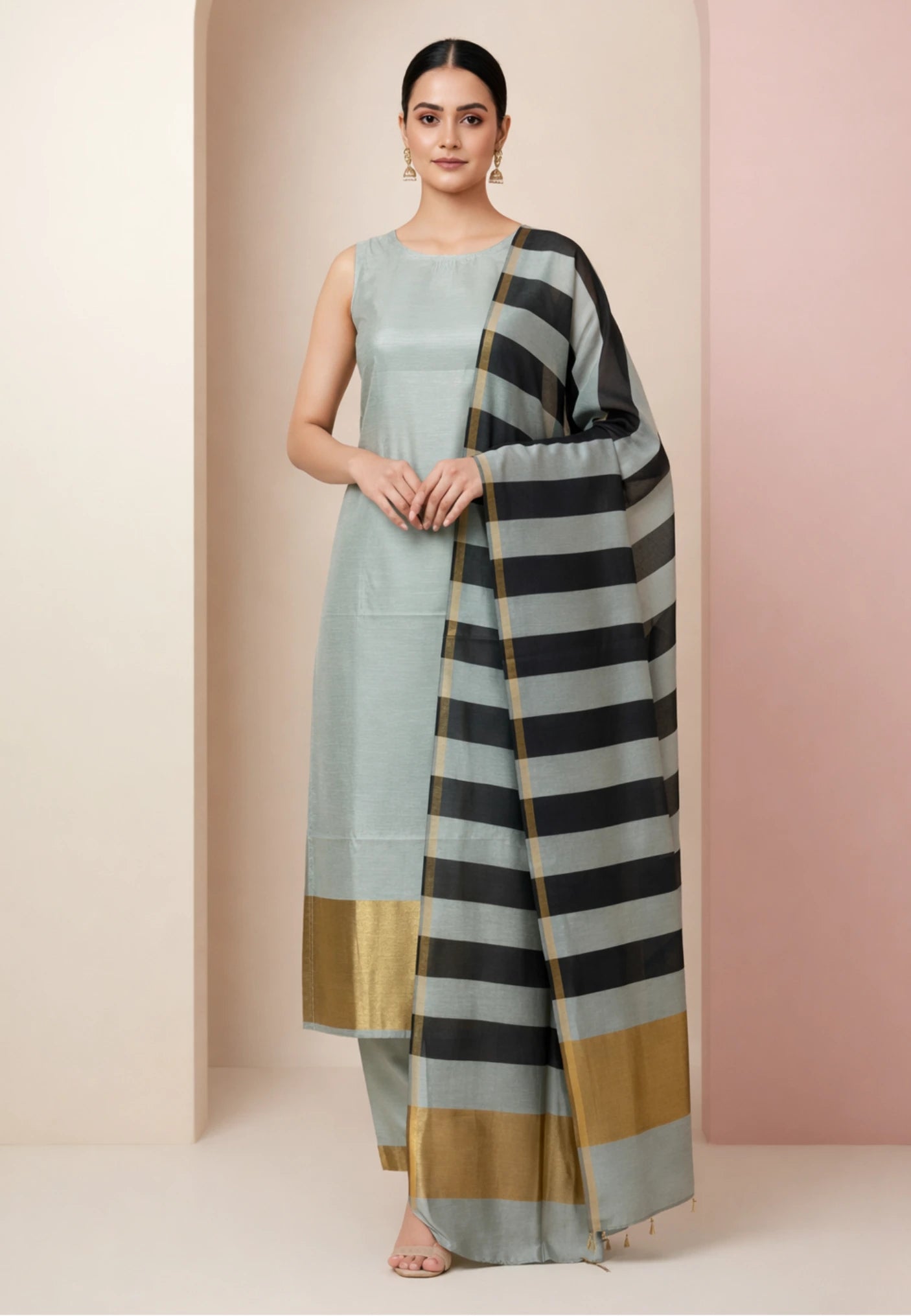 Unstitched Maheshwari Cotton Silk Suit with Stripe Dupatta – Silver Sage Green & Black Elegance