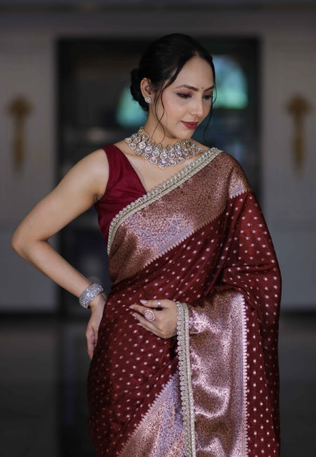 Wine Warm Silk Woven Dot Booti Saree with Pearl Lace Border