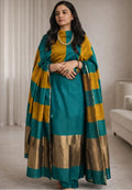 Unstitched Maheshwari Cotton Silk Suit with Resham Stripe Dupatta – Teal Green & Mustard Elegance