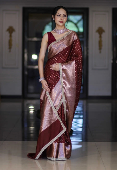 Wine Warm Silk Woven Dot Booti Saree with Pearl Lace Border