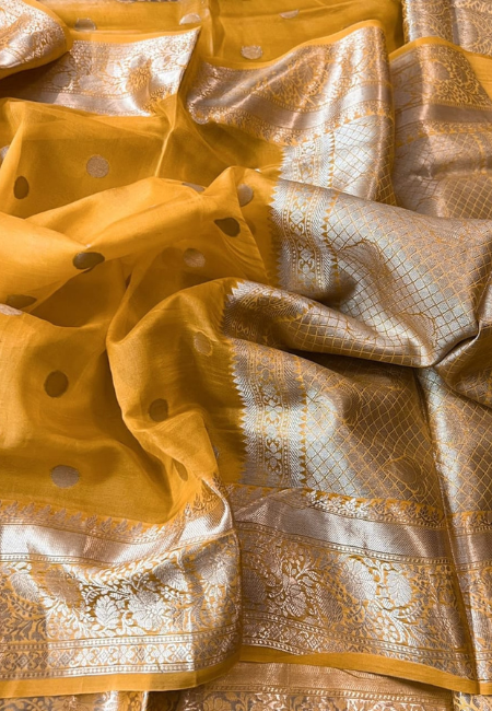 Mustard Yellow Banarasi Soft Organza Silk Woven Dyeable Saree with Zari Border
