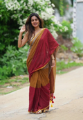 Pure Mul Cotton 3D Saree – Maroon & Mustard Tone | Without Blouse