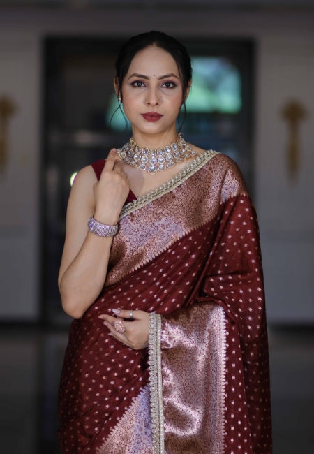 Wine Warm Silk Woven Dot Booti Saree with Pearl Lace Border