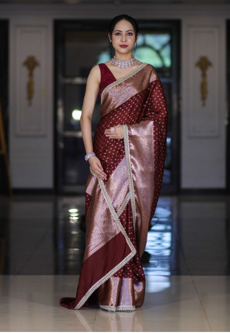 Wine Warm Silk Woven Dot Booti Saree with Pearl Lace Border