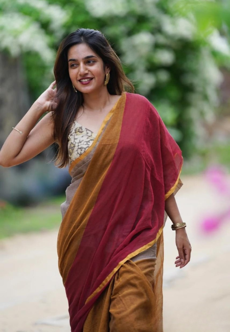 Pure Mul Cotton 3D Saree – Maroon & Mustard Tone | Without Blouse