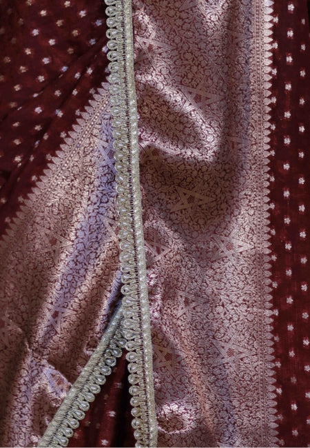 Wine Warm Silk Woven Dot Booti Saree with Pearl Lace Border