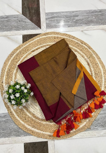 Pure Mul Cotton 3D Saree – Maroon & Mustard Tone | Without Blouse
