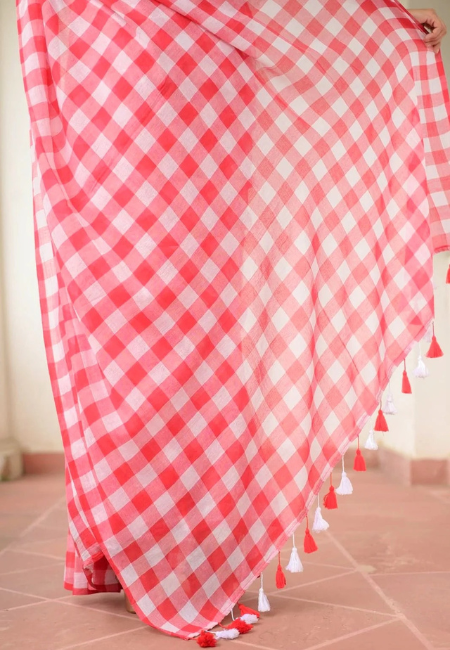 Pure Mul Cotton Saree – Red & White Checkered Summer Classic