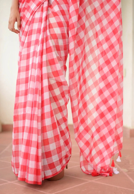 Pure Mul Cotton Saree – Red & White Checkered Summer Classic
