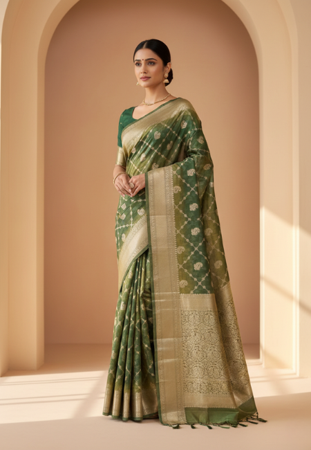 Emerald Green Premium Banarasi Tissue Crush Soft Saree with 30-Number Zari Weaving & Box Buti Design