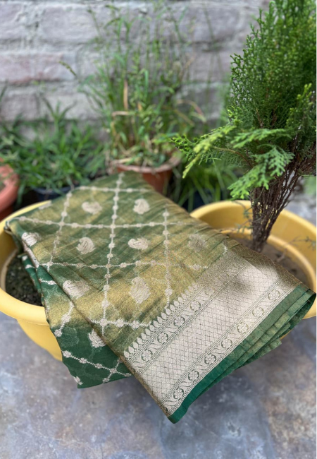 Emerald Green Premium Banarasi Tissue Crush Soft Saree with 30-Number Zari Weaving & Box Buti Design