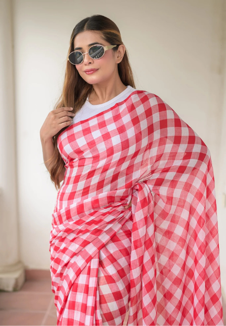 Pure Mul Cotton Saree – Red & White Checkered Summer Classic