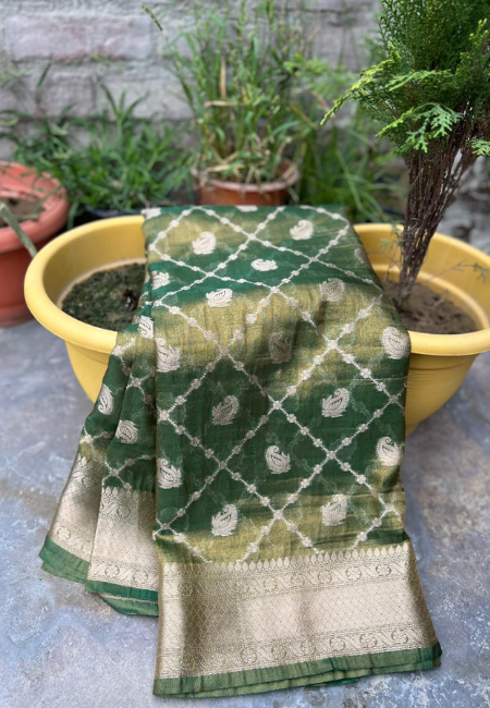 Emerald Green Premium Banarasi Tissue Crush Soft Saree with 30-Number Zari Weaving & Box Buti Design