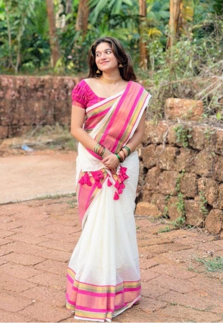Elegant White Pure Mulmul Cotton Saree with Pink Border