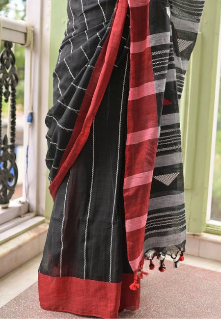 Black Mul Cotton Saree with Tassel Work & Running Blouse Piece