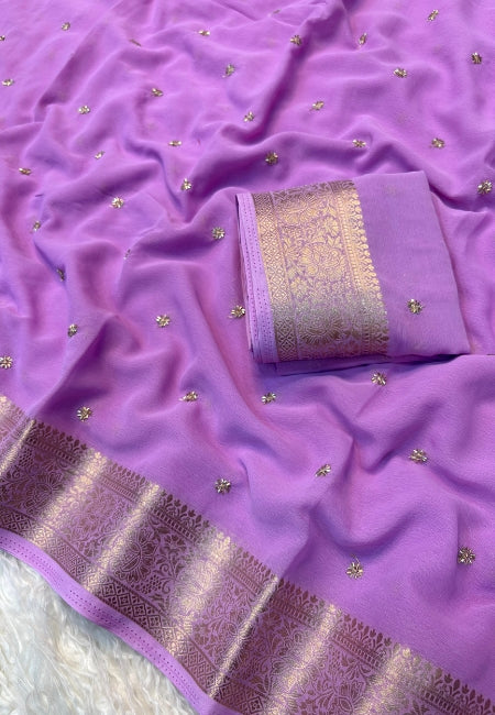 Lavender Chiffon Party Wear Saree with Gold Jacquard Border & Delicate Bead Work