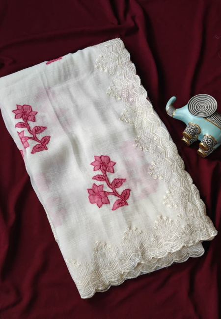 White Silk Saree with Pink Flower Design