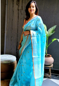 Aqua Blue Pure Linen Saree with Yellow Floral Buttas & Rust Orange Border