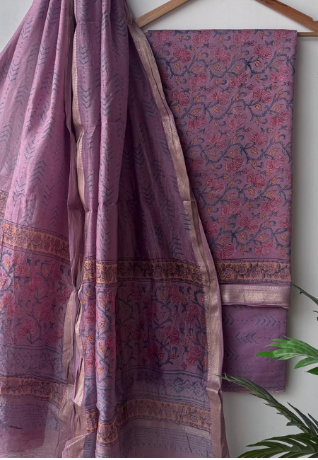 Unstitched Maheshwari Silk Hand Block Printed Suit in Dusty Mauve