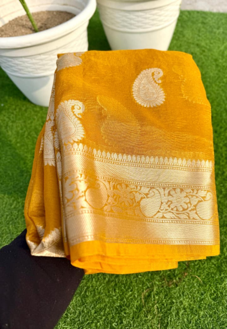 Graceful Mustard Yellow Banarasi Cotton Tissue Silk Saree