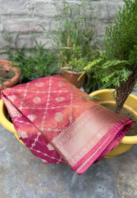 Unstitched Rani Pink Premium Banarasi Tissue Crush Soft Saree with 30-Number Zari Weaving & Box Buti Design