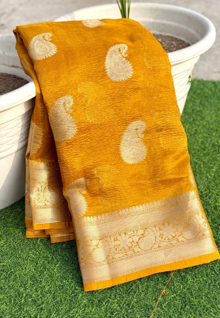 Graceful Mustard Yellow Banarasi Cotton Tissue Silk Saree