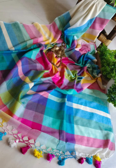 Rainbow Stripe Mul Cotton Saree – Summer Dream