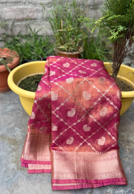 Unstitched Rani Pink Premium Banarasi Tissue Crush Soft Saree with 30-Number Zari Weaving & Box Buti Design
