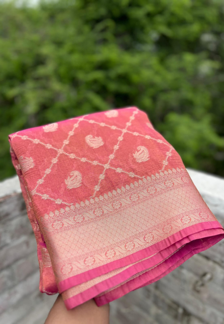 Unstitched Rani Pink Premium Banarasi Tissue Crush Soft Saree with 30-Number Zari Weaving & Box Buti Design