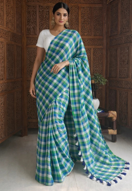 Pure Mul Cotton Saree – Blue & Green Checkered Elegance