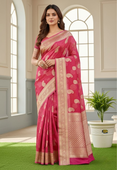 Elegant Rani Pink Banarasi Cotton Tissue Silk Saree