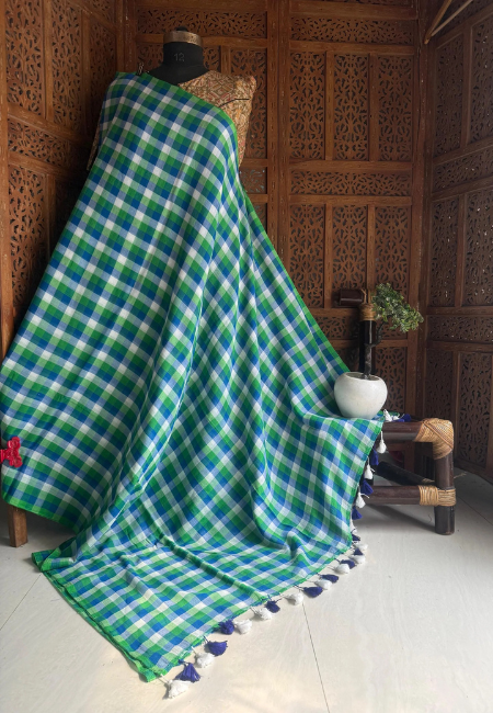 Pure Mul Cotton Saree – Blue & Green Checkered Elegance