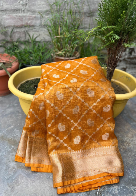Mustard Premium Banarasi Tissue Crush Soft Saree with 30-Number Zari Weaving & Box Buti Design