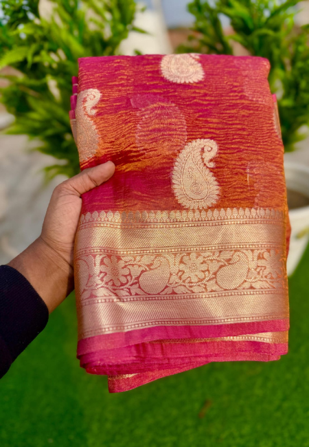 Elegant Rani Pink Banarasi Cotton Tissue Silk Saree